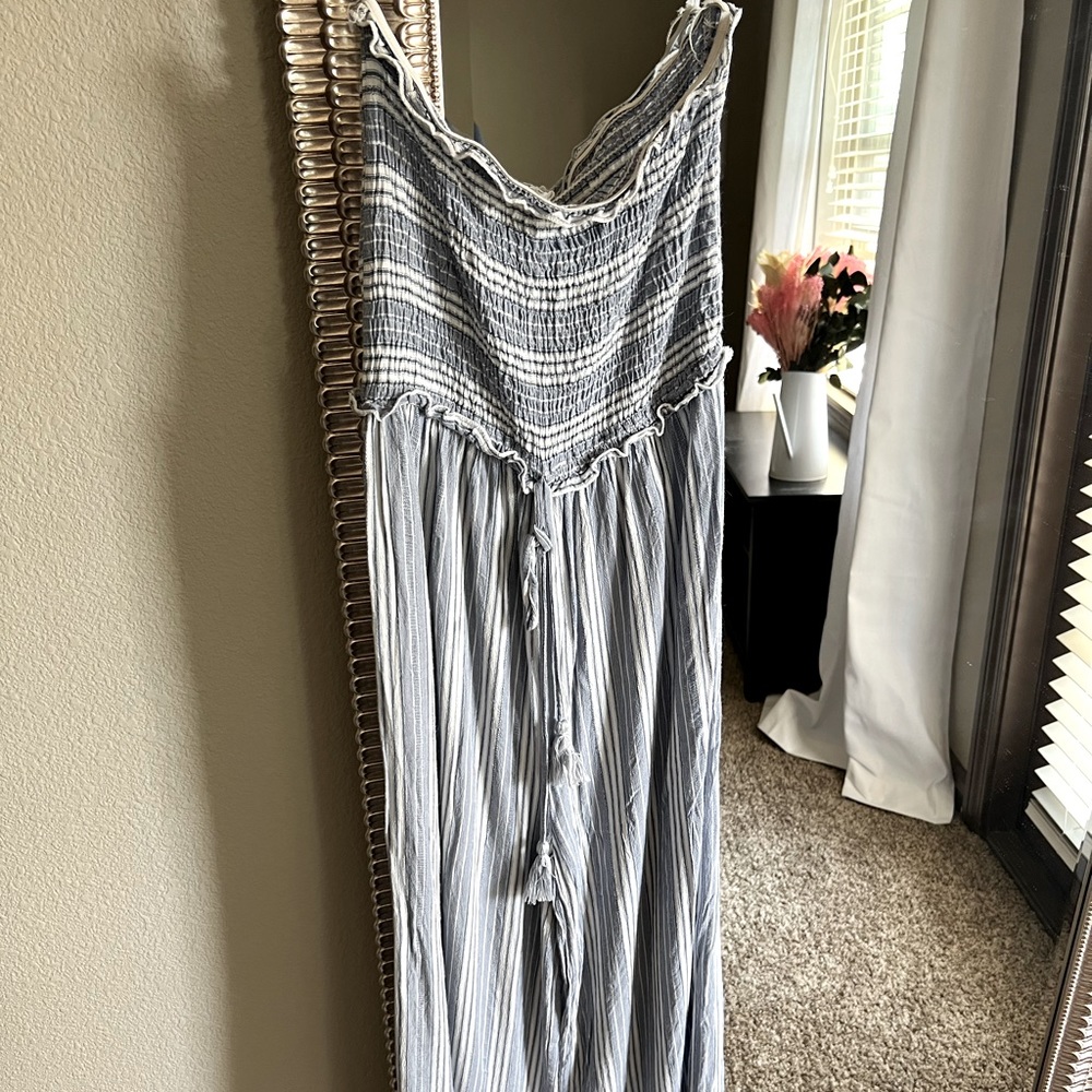 Salty Lemon Blue & White Striped Strapless Jumpsuit